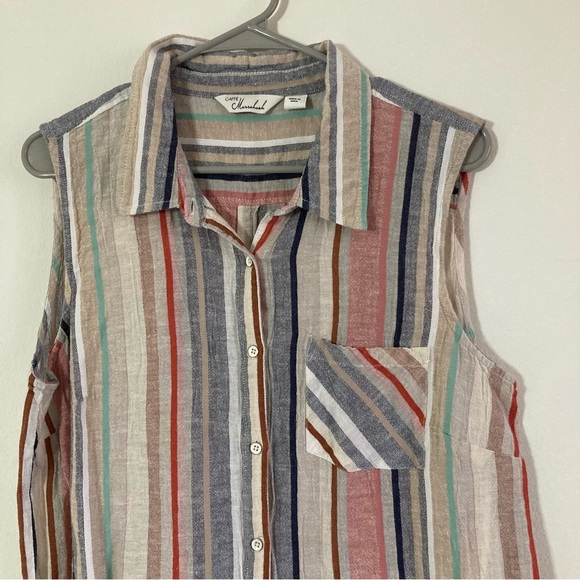 Linen Cotton Striped Tank Blouse Sleeveless Retro - Picture 2 of 5